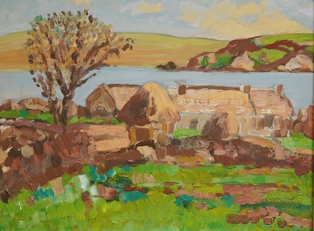 Mid century School, Cottages at Rockport, unsigned, oil on board, 30 x 39cm